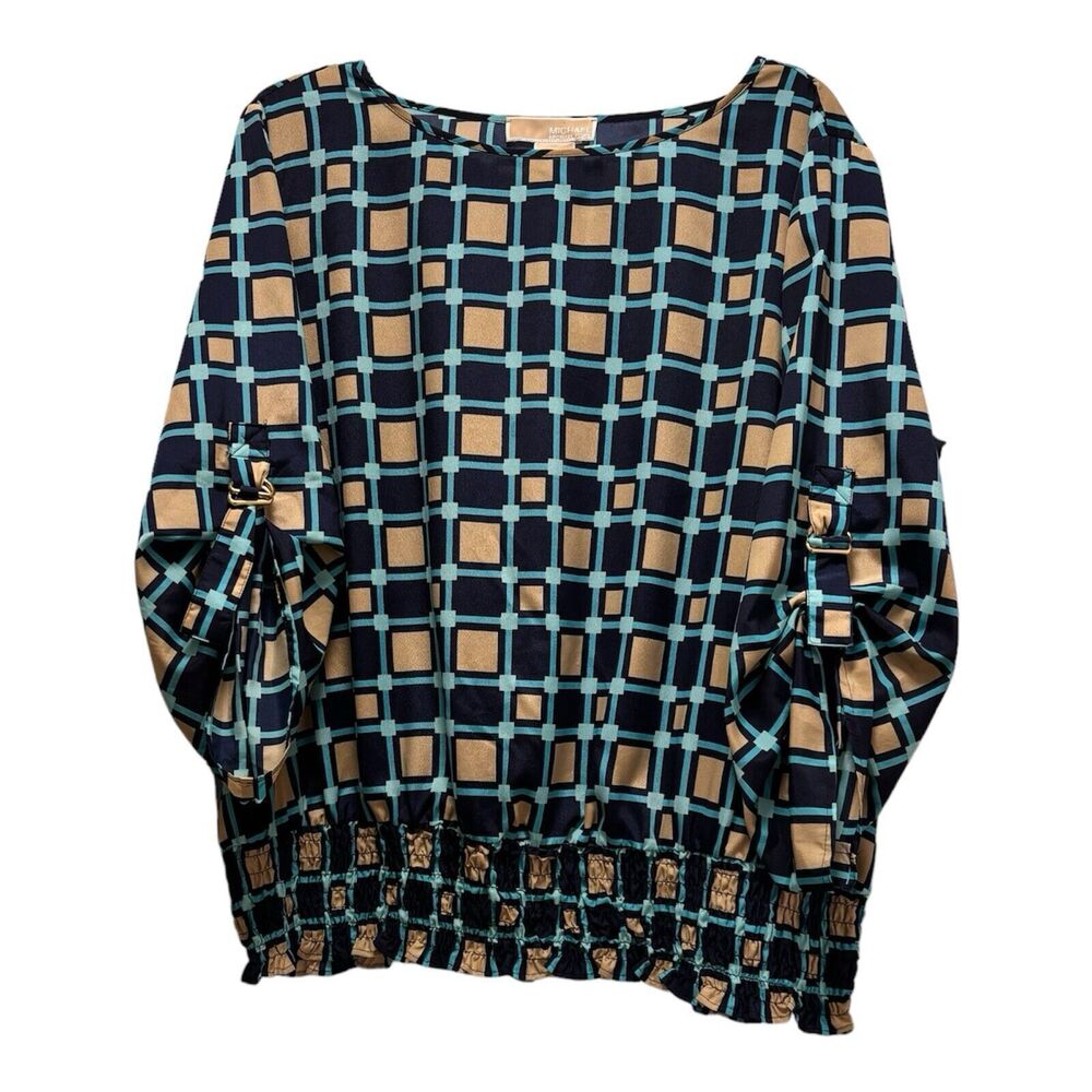 Michael Kors 1X Womens Blue Geometric 3/4 Sleeve Smocked Hem Blouse Tunic Top